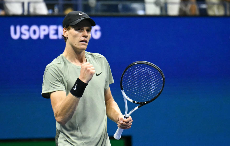 Italy's Jannik Sinner reacts as he defeated USA's Tommy Paul in the round of 16 of their men's singles match on day eight of the US Open tennis tournament at the USTA Billie Jean King National Tennis Center in New York City on September 2, 2024. (Photo by ANGELA WEISS / AFP) (Photo by ANGELA WEISS/AFP via Getty Images)