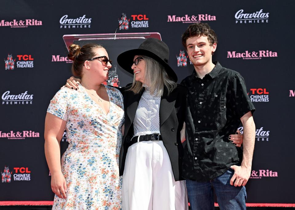 Dexter Keaton, Diane Keaton, and Duke Keaton attend the ceremony honoring Diane Keaton with a Hand and Footprint Ceremony at TCL Chinese Theatre on August 11, 2022 in Hollywood, California.