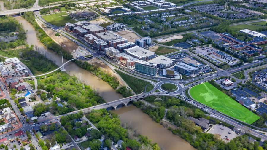 Crawford Hoying and Cameron Mitchell’s development will expand Bridge Park southeast of the State Route 161 roundabout. (Courtesy Photo/Crawford Hoying)