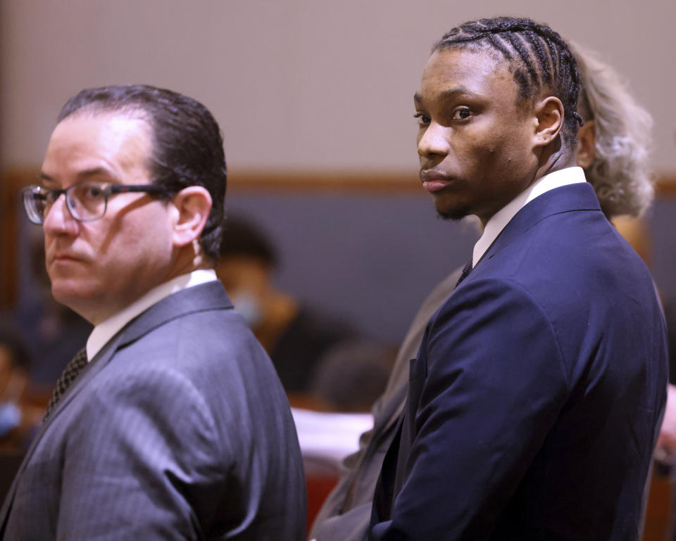 Former Las Vegas Raiders player Henry Ruggs III, right, appears in court with one of his attorneys, Richard Schonfeld, at the Regional Justice Center in Las Vegas, Monday, March 6, 2023. A felony drunk driving case involving Henry Ruggs III and a fatal crash in late 2021 remained stalled Monday by questions about which local judge should handle an initial preliminary hearing of evidence. (K.M. Cannon/Las Vegas Review-Journal via AP)