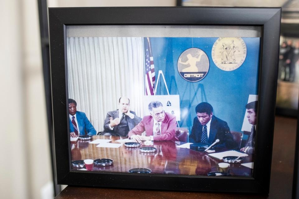 A photo of Warren Police Commissioner William Dwyer, who served in Detroit Police Department's narcotics unit working with Mayor Coleman Young in 1976, in his office at the Christopher M. Wouters Police Headquarters in Warren on Wednesday, Dec. 13, 2023.