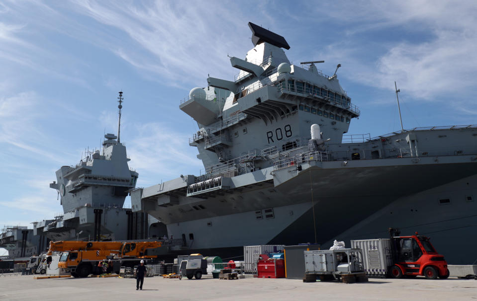 HMS Queen Elizabeth at berth in HMNB Portsmouth, as her crew prepare to sail to the United States for Westlant 19, where British F35s will take part in trials.