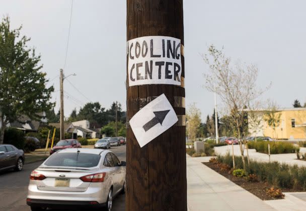 PHOTO: A sign gives direction to a cooling center at Kellogg Middle School in Portland, Ore. on Aug. 14, 2021. (Michael Hanson/AFP via Getty Images, FILE)