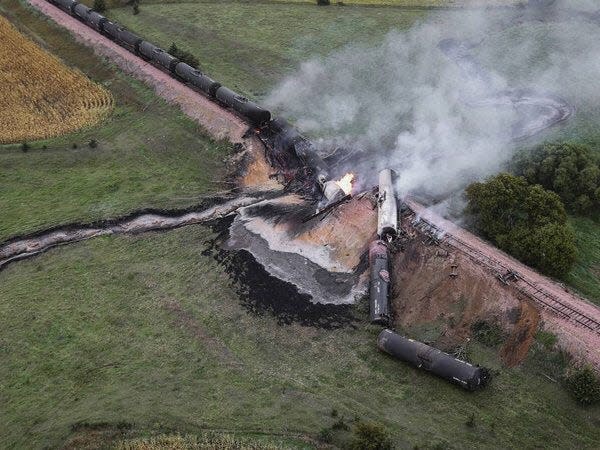 At 6:18 a.m. on Sept. 19, 2015, a defective railroad line built in the early 1900s failed, leading to the derailment of seven tanker cars carrying ethanol near Lesterville, S.D. Two tankers ruptured, spilling nearly 50,000 gallons of ethanol that ignited. No one was injured, but ethanol leaked into a nearby creek and the accident caused $1.1 million in damage.