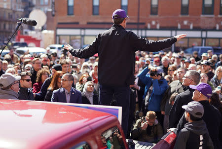 FILE PHOTO - Democratic 2020 presidential candidate Beto O'Rourke, 46, speaks with supporters during a three-day road trip across Iowa, in Waterloo, Iowa, U.S., March 16, 2019. REUTERS/Ben Brewer