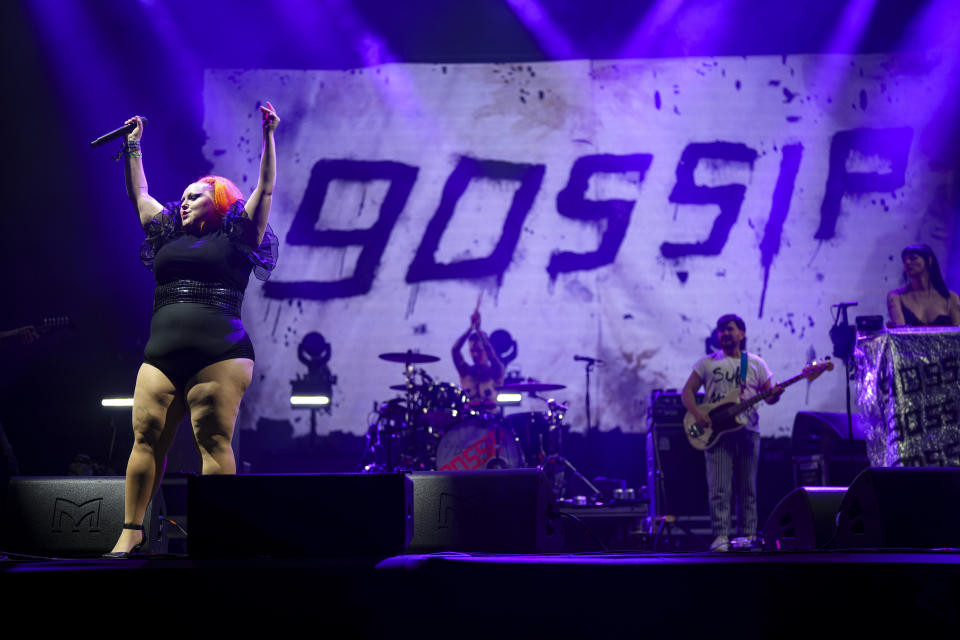 Beth Ditto of the band 'Gossip" performs during the Glastonbury Festival in Worthy Farm, Somerset, England, Saturday, June 29, 2024. (Scott A Garfitt/Invision/AP)