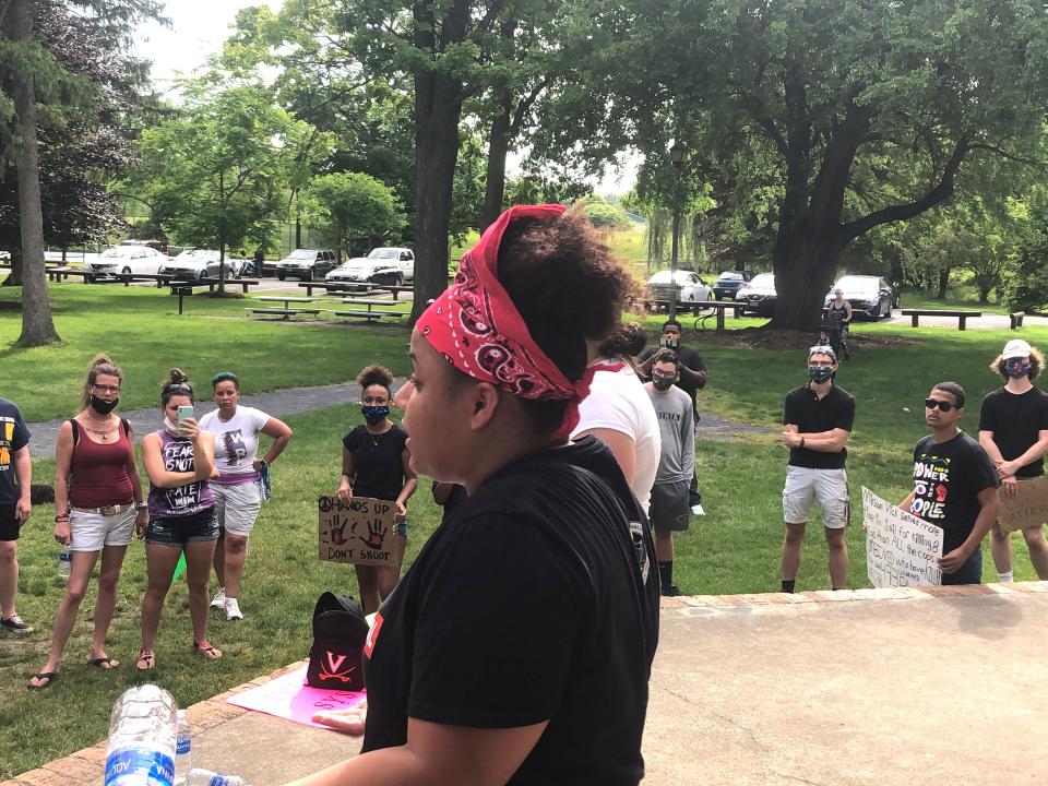 K.I.A.S., also known as Christa Gleaves, spoke to the protesters in Gypsy Hill Park Tuesday, June 2. following a silent march through downtown Staunton.