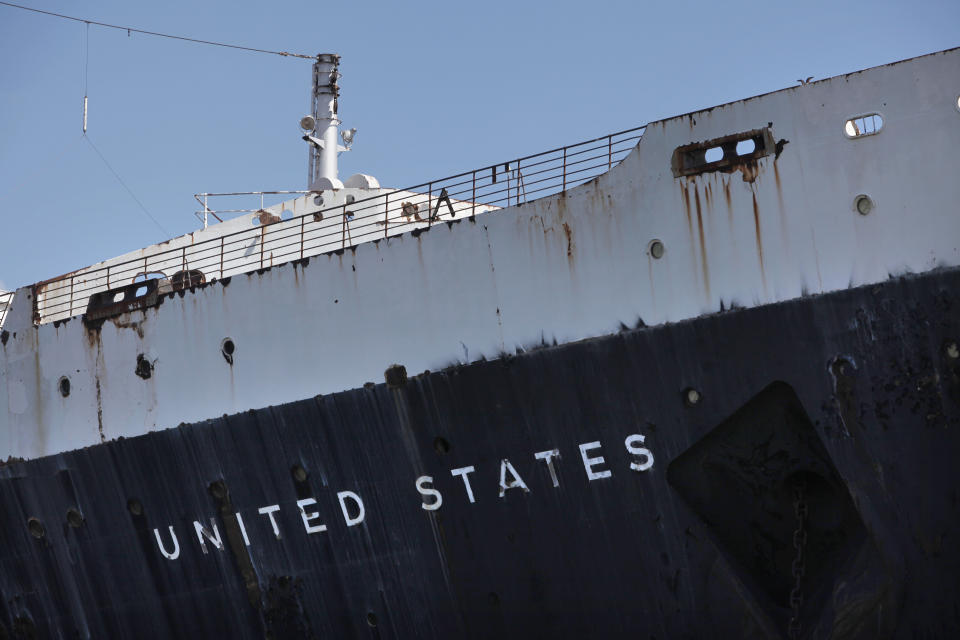 FILE - The S.S. United States is seen, July 1, 2010, in Philadelphia. In a decision issued Friday, June 14, 2024, a federal judge said the historic ship that still holds the transatlantic speed record it set more than 70 years ago must leave its berth in Philadelphia by Sept. 12. (AP Photo/Matt Rourke, File)