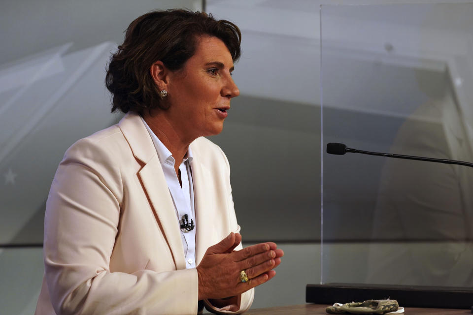 Democratic candidate for US Senate Amy McGrath speaks during a debate with Senate Majority Leader Mitch McConnell, R-Ky., in Lexington, Ky., Monday, Oct. 12, 2020. (Michael Clubb/The Kentucky Kernel via AP, Pool)