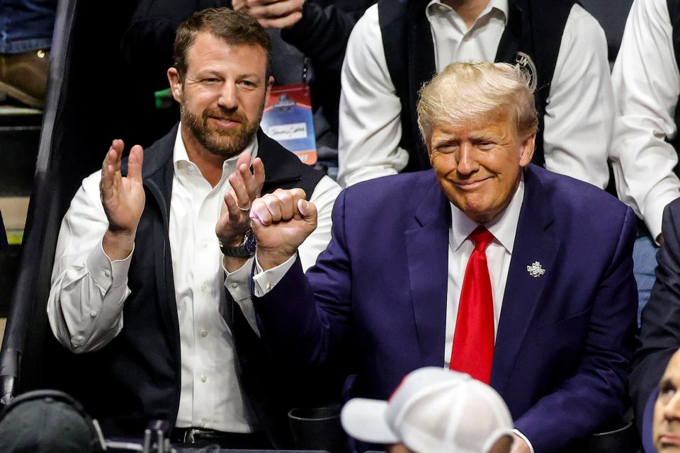 Sen. Markwayne Mullin claps as former President Donald Trump is announced at the NCAA Division 1 Wrestling Championships on March 18 at the BOK Center in Tulsa.