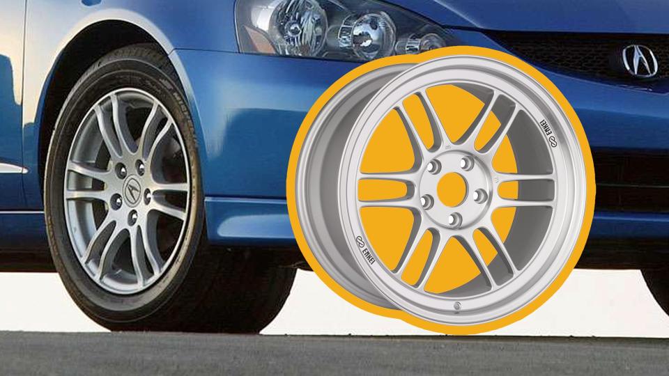 Stock RSX wheel (made by Enkei) on the car, Enkei RPF1 inset. <em>Acura/Enkei/Andrew P. Collins</em>