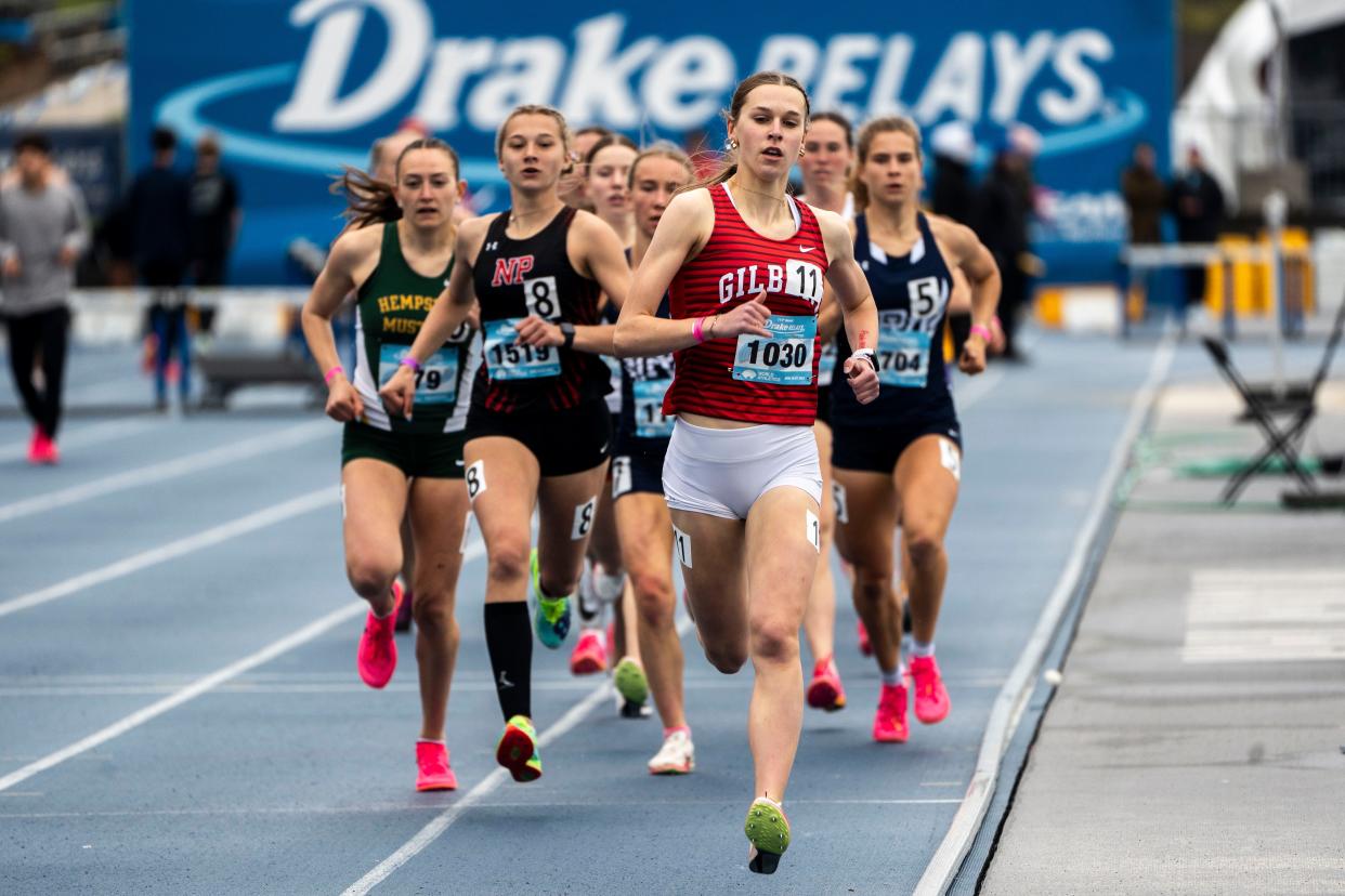 Gilbert's Sarah Feddersen runs the 800 meter run during the Drake Relays at Drake Stadium on Friday, April 26, 2024, in Des Moines.