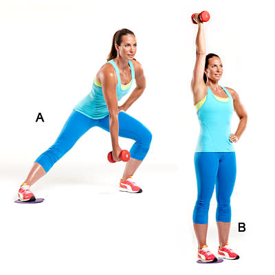 <div class="caption-credit"> Photo by: Health.com</div><div class="caption-title">Slide & press</div><i>quads, hamstrings, shoulders</i> <br> <br> Start in left lunge, with right foot on disc and 5- to 8-lb dumbbell in right hand. As you lift to standing, slide right leg toward left and curl dumbbell to chest. When right foot meets left, press dumbbell overhead. <br> <br> Return to start. Do 3 sets of 6 reps per side. <br> <br> More from Health.com: <br> <a rel="nofollow noopener" href="http://www.health.com/health/gallery/0,,20395219,00.html" target="_blank" data-ylk="slk:20 Ways to Torch 200 Calories;elm:context_link;itc:0;sec:content-canvas" class="link ">20 Ways to Torch 200 Calories</a> <br> <a rel="nofollow noopener" href="http://www.health.com/health/gallery/0,,20448745,00.html" target="_blank" data-ylk="slk:Fastest Fat Burners Ever!;elm:context_link;itc:0;sec:content-canvas" class="link ">Fastest Fat Burners Ever!</a> <br> <a rel="nofollow noopener" href="http://www.health.com/health/gallery/0,,20464867,00.html" target="_blank" data-ylk="slk:10 Best Workouts for Your Sex Life;elm:context_link;itc:0;sec:content-canvas" class="link ">10 Best Workouts for Your Sex Life</a> <br> <a rel="nofollow noopener" href="http://www.health.com/health/gallery/0,,20306911,00.html" target="_blank" data-ylk="slk:The Best New Ways to Boost Your Metabolism;elm:context_link;itc:0;sec:content-canvas" class="link ">The Best New Ways to Boost Your Metabolism</a> <br> <a rel="nofollow noopener" href="http://www.health.com/health/gallery/0,,20531849,00.html" target="_blank" data-ylk="slk:10 Fun Ways to Get Fit Without a Gym;elm:context_link;itc:0;sec:content-canvas" class="link ">10 Fun Ways to Get Fit Without a Gym</a>