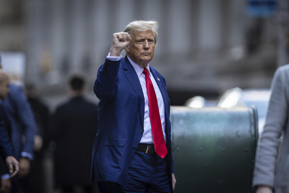 Former President Donald Trump leaves 40 Wall St. in downtown Manhattan, Thursday, Jan. 11, 2024, in New York. (AP Photo/Stefan Jeremiah)