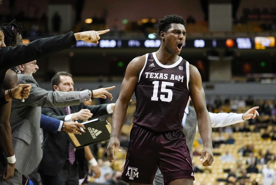 Jan 15, 2022; Columbia, Missouri; Texas A&M Aggies forward Henry Coleman III (15) reacts after taking the lead late in the second half against the Missouri Tigers at Mizzou Arena. Jay Biggerstaff-USA TODAY Sports