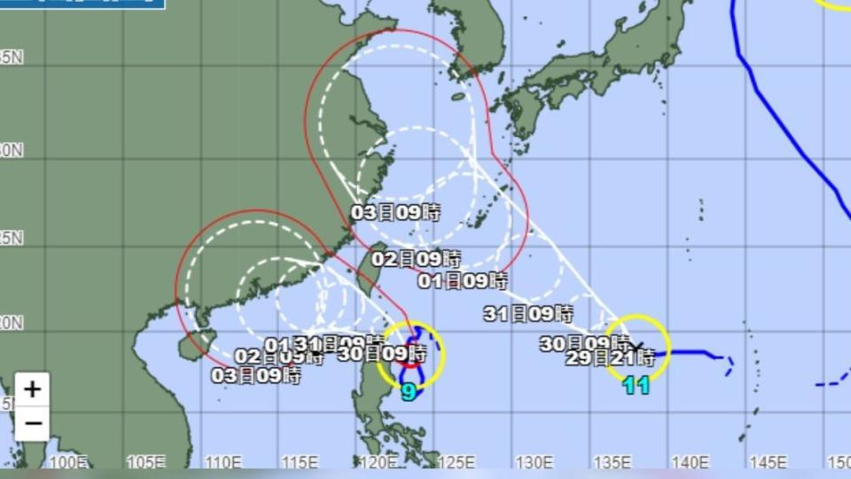 若海葵與蘇拉距離過近，會導致「藤原效應」發生。（圖／翻攝自日本氣象廳）