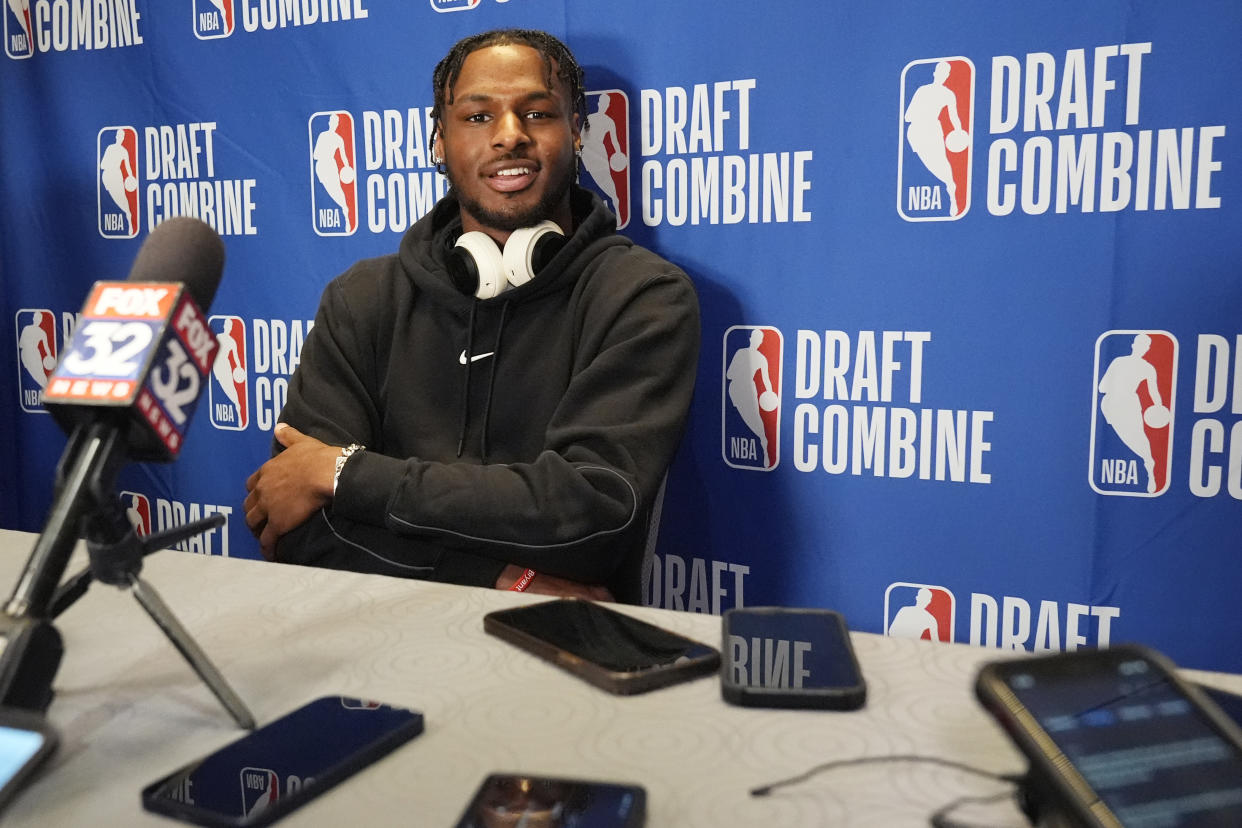 Bronny James talks to media during the 2024 NBA basketball Draft Combine in Chicago, Tuesday, May 14, 2024. (AP Photo/Nam Y. Huh)