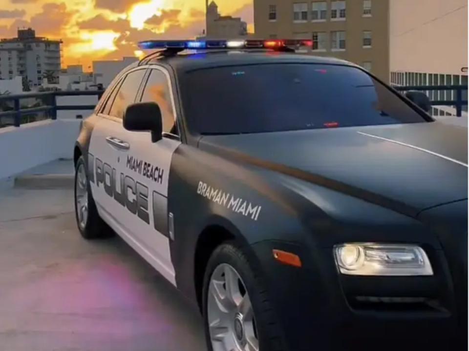Miami Beach Police Department’s new Rolls-Royce Ghost. The luxury car was loaned to the department by Braman, a local dealership, and will be used for recruitment events (screengrab/Miami Beach Police Department)