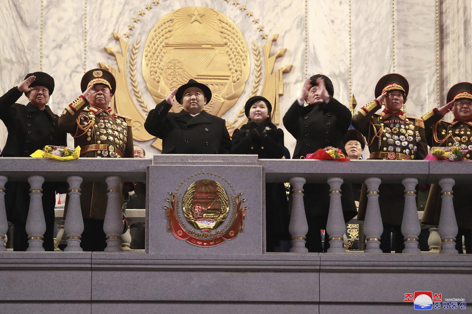 In this photo provided by the North Korean government, North Korean leader Kim Jong Un, third left, and his daughter attend a military parade to mark the 75th founding anniversary of the Korean People’s Army on Kim Il Sung Square in Pyongyang, North Korea Wednesday, Feb. 8, 2023. Independent journalists were not given access to cover the event depicted in this image distributed by the North Korean government. The content of this image is as provided and cannot be independently verified. Korean language watermark on image as provided by source reads: "KCNA" which is the abbreviation for Korean Central News Agency. (Korean Central News Agency/Korea News Service via AP)