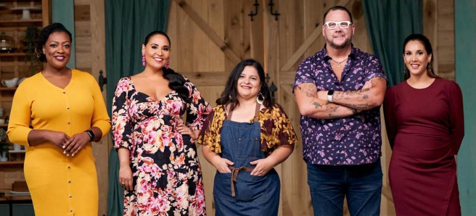 Judge Tiffany Derry, host Alejandra Ramos, contestant Silvia Martinez and judges Graham Elliot and Leah Cohen appear in the finale of PBS’s “The Great American Recipe.”