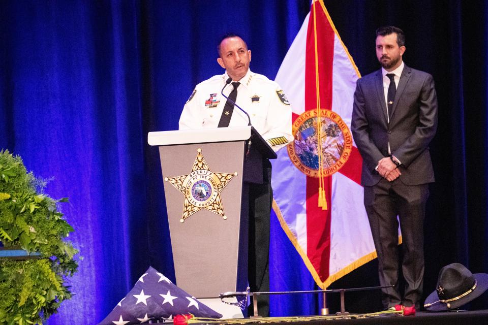 Lee County Sheriff Carmine Marceno speaks at the Lee County Sheriff's Office Fallen Deputies Memorial Service at the Caloosa  Sound Convention Center in Fort Myers on Tuesday, May 14, 2024.