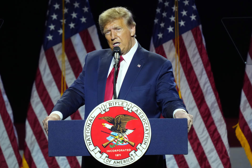 Republican presidential candidate former President Donald Trump speaks at the National Rifle Association's Presidential Forum in Harrisburg, Pa., Friday, Feb. 9, 2024. (AP Photo/Matt Rourke)