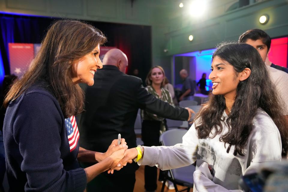 Republican presidential candidate Nikki Haley greets supporters during the Seacoast Media Group and USA TODAY Network 2024 Republican Presidential Candidate Town Hall Forum held in the historic Exeter Town Hall in Exeter, New Hampshire. The former Governor of South Carolina and former United States Ambassador to the United Nations spoke to prospective New Hampshire voters about issues during the hour-long form.