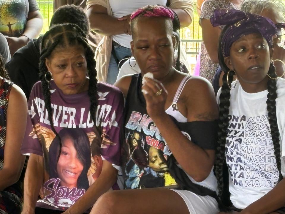 Several members of Sonya Massey's family, including her mother, Donna Massey, listen to speakers at a rally at Comer Cox Park on July 28, 2024. Sonya Massey was fatally shot in her home on July 6 by a Sangamon County Sheriff's deputy speaking a national outcry.