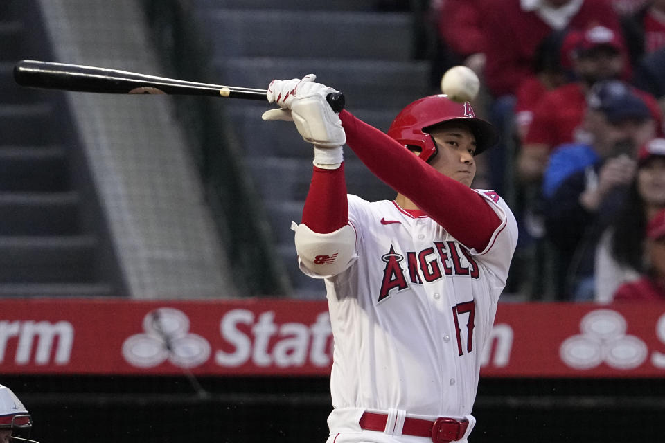 Los Angeles Angels' Shohei Ohtani hits a foul ball during the third inning of a baseball game against the Minnesota Twins Friday, May 19, 2023, in Anaheim, Calif. (AP Photo/Mark J. Terrill)