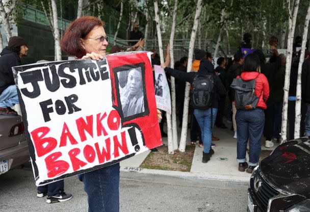 PHOTO: A protester holds a sign during a demonstration for Banko Brown outside of the San Francisco district attorney's office, May 17, 2023, in San Francisco. (Justin Sullivan/Getty Images)