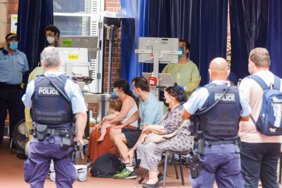 A general view of Royal Prince Alfred Hospital main entrance with a police presence in Sydney, Australia.