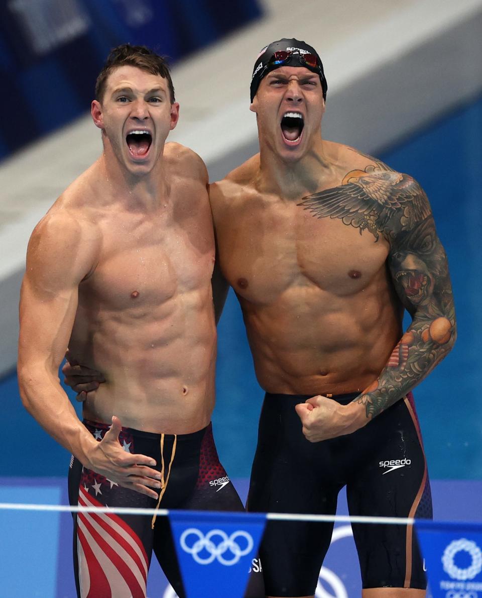 <p>Dressel and teammate Ryan Murphy couldn't contain their excitement after winning the men's 4x100m medley relay.</p>