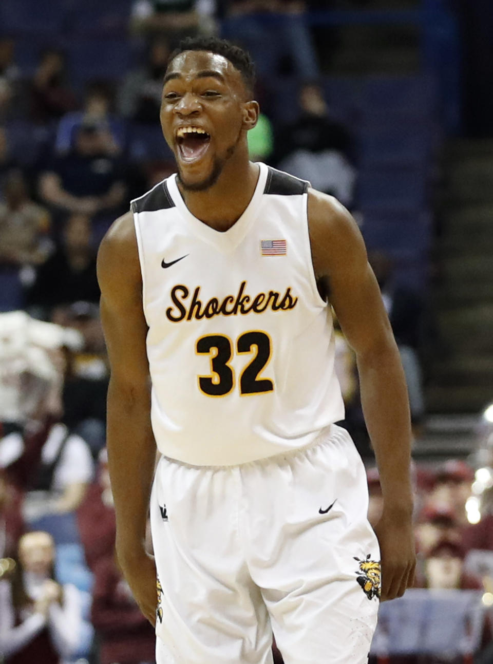 Wichita State's Markis McDuffie celebrates during the second half of an NCAA college basketball game against the Missouri State in the semifinals of the Missouri Valley Conference men's tournament, Saturday, March 4, 2017, in St. Louis. Wichita State won 78-63. (AP Photo/Jeff Roberson)