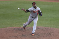 Baltimore Orioles pitcher Casar Valdez delivers to Toronto Blue Jays Cavan Biggio during the ninth inning of a baseball game, Sunday, Sept. 27, 2020, in Buffalo, N.Y. (AP Photo/Jeffrey T. Barnes)