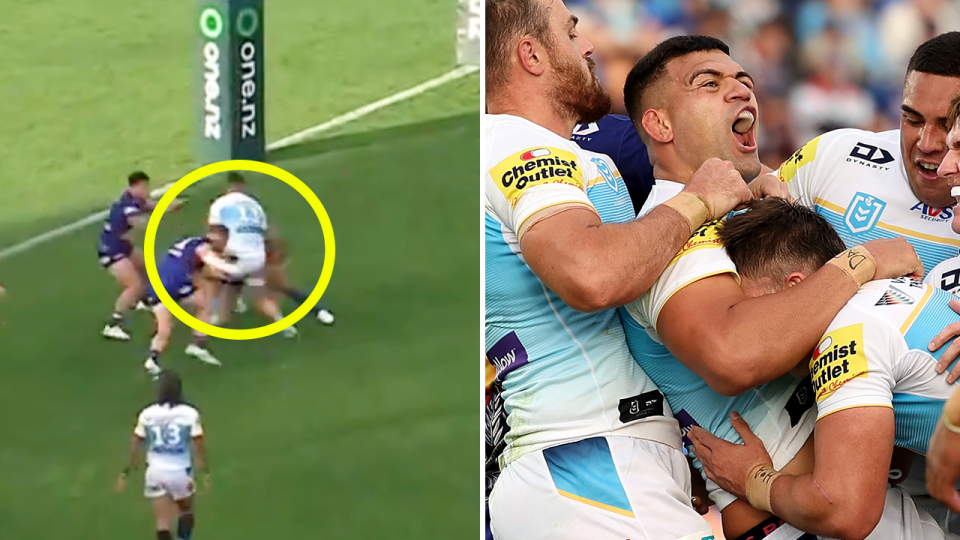 NRL fans are questioning why Titans coach Des Hasler continues not to start David Fifita (pictured right) after he came off the bench in the ANZAC clash against the Warriors on Thursday. (Images: Fox Sports/Getty Images)