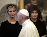 <p>Pope Francis walks past Ivanka Trump, left, and First Lady Melania Trump on the occasion of the private audience with President Donald Trump, at the Vatican, May 24, 2017. (Photo: Alessandra Tarantino/AP) </p>