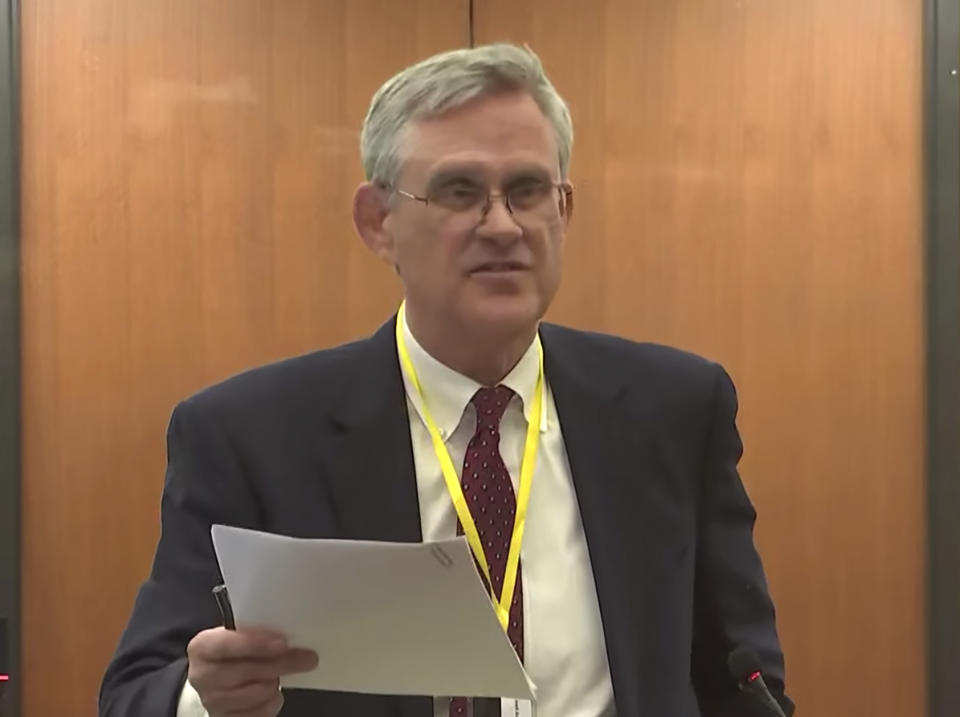 In this screen grab from video, defense attorney Paul Engh speaks as Hennepin County Judge Regina Chu presides over motions before court Tuesday, Dec. 14, 2021, in the trial of former Brooklyn Center police Officer Kim Potter in the April 11, 2021, death of Daunte Wright, at the Hennepin County Courthouse in Minneapolis, Minn. (Court TV, via AP, Pool)