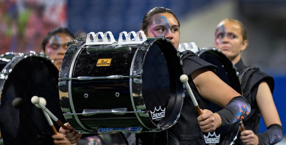 Fairfield Jr./Sr. High School marching band and color guard members perform during the Bands of America Super Regional Championship prelims Friday, Oct. 20, 2023 at Lucas Oil Stadium. Sixty-five bands from Indiana, Illinois, Ohio, Kentucky, Missouri, Oklahoma and South Dakota compete with live music, choreography and competition.