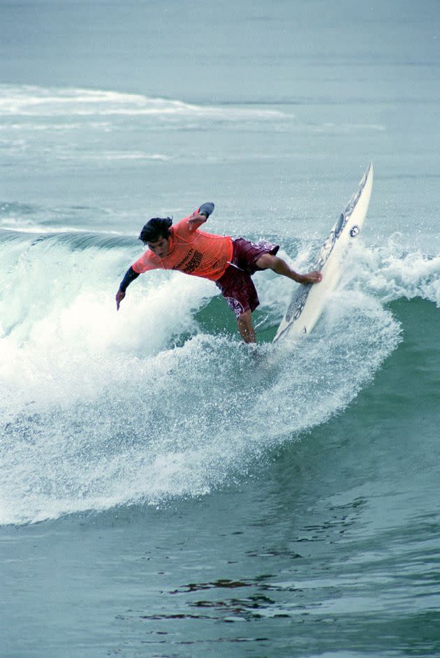 Mikala Jones pictured at the Panasonic Shockwave U.S. Open at the Huntington Pier in Huntington Beach, California, in 2000.