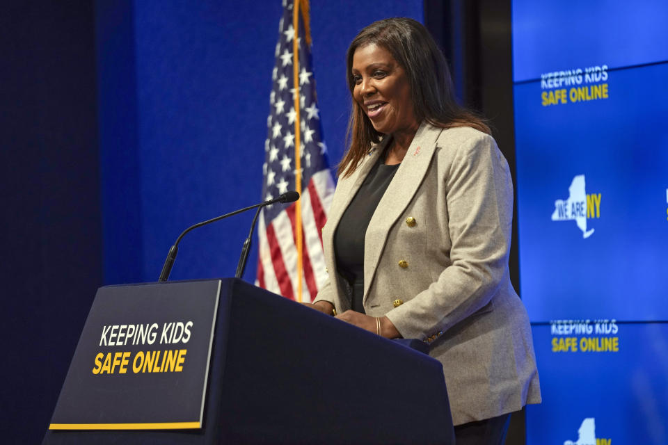 New York Attorney General Letitia James speaks during a news conference in New York, Wednesday, Oct. 11, 2023. New York is bidding to put new controls on social media platforms that state leaders say will protect the mental health of younger users. (AP Photo/Seth Wenig)