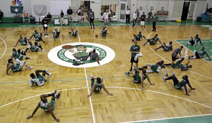 The Celtics prepare for practice Tuesday. (AP)