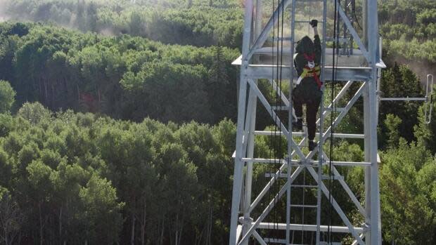 Jackson climbs a fire tower in this undated photo. According to Krentzman, lookouts could spend 10 to 12 hours at the top each day, depending on the day's fire risk.