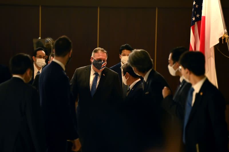 Japan's Foreign Minister Motegi greets US Secretary of State Pompeo prior to their bilateral meeting in Tokyo