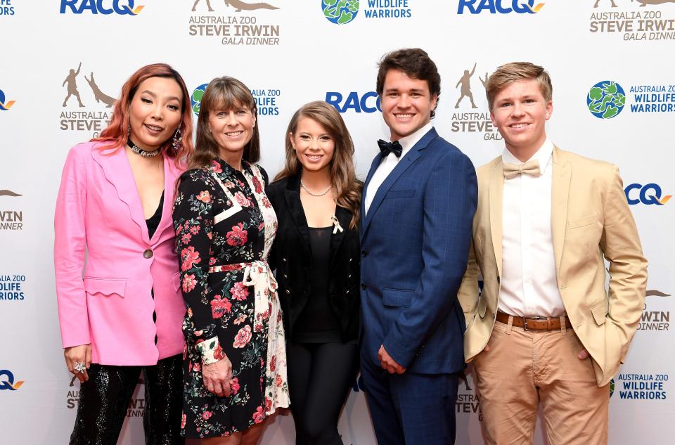 From left, Dami Im, Terri Irwin, Bindi Irwin, Chandler Powell and Robert Irwin pose for a photo at the annual Steve Irwin Gala Dinner at Brisbane Convention & Exhibition Centre on Nov. 9, 2019 in Brisbane, Australia.