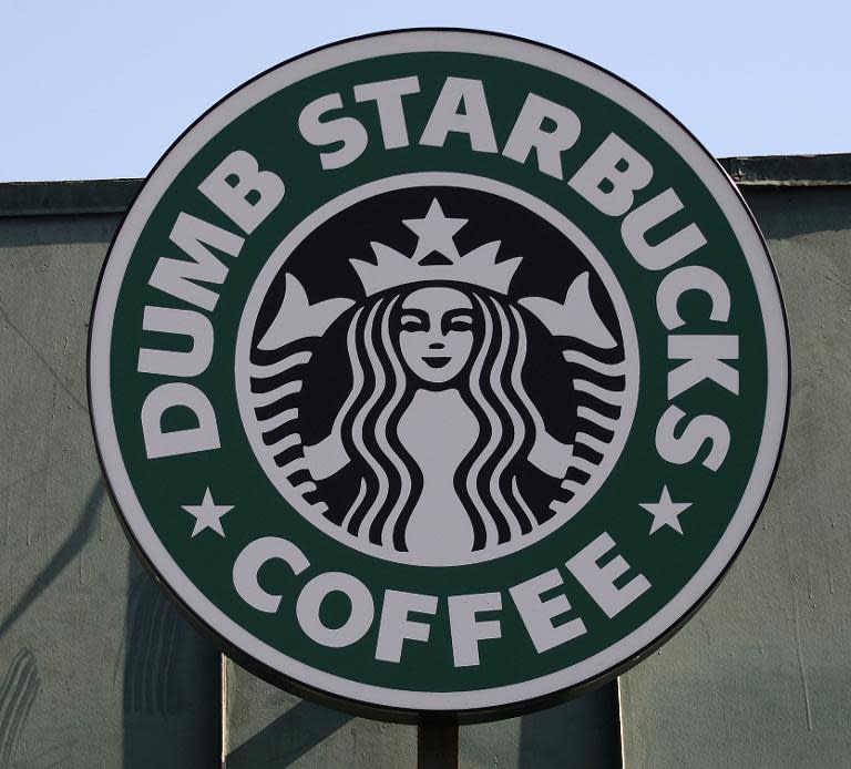 The logo for "Dumb Starbucks" is pictured on February 10, 2014, in the Los Feliz area of Los Angeles