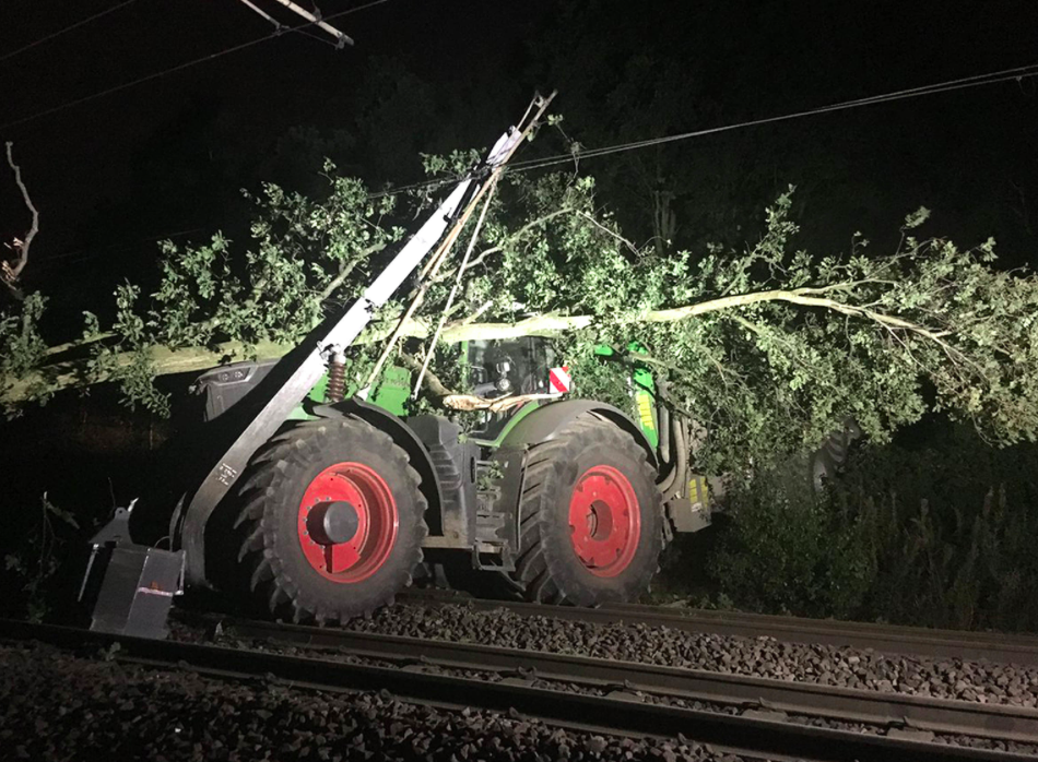 <em>A large uprooted tree laid on top of the tractor (PA)</em>