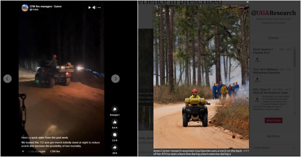 <span>Vergleich zwischen Screenshots des Videos von CFM Fire Managers (links) und einem Foto auf der Website der University of Georgia (rechts): 3. Juli 2024 </span>