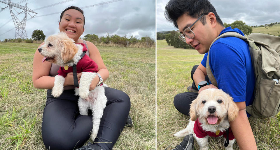 Tze Han Kee and husband Patrick Crisostomo playing with Cavoodle Kevy in park