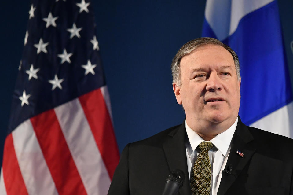 US Secretary of State Mike Pompeo speaks on Arctic policy at the Lappi Areena in Rovaniemi, Finland, Monday May 6, 2019. Pompeo is in Rovaniemi to attend the Arctic Council Ministerial Meeting. (Mandel Ngan/Pool via AP)