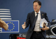 Dutch Prime Minister Mark Rutte arrives for an EU summit at the European Council building in Brussels, Friday, Feb. 21, 2020. In a second day of meetings EU leaders will continue to discuss the bloc's budget to work out Europe's spending plans for the next seven years. (Ludovic Marin, Pool Photo via AP)